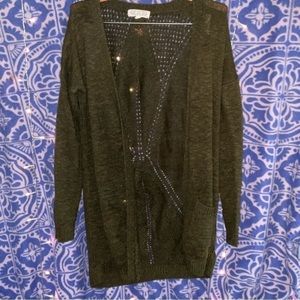 Pink Rose woman’s dark green cozy knit cardigan, size large